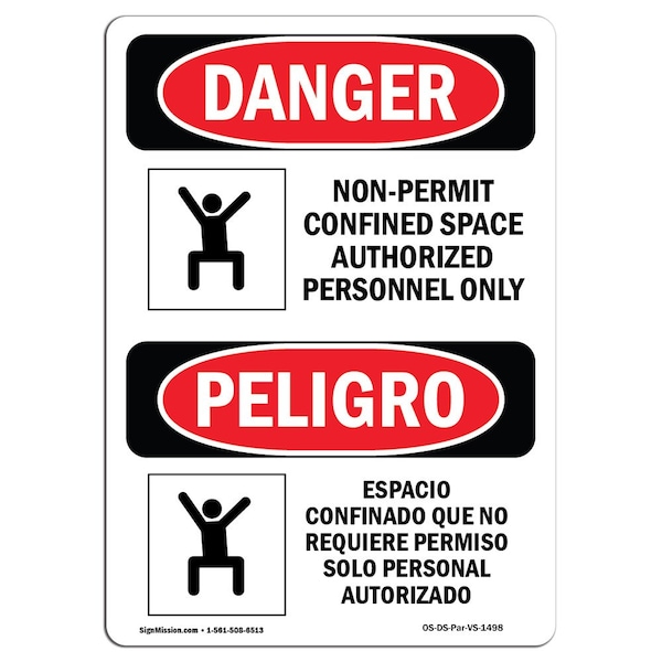 OSHA Sign, Non-Permit Confined Space Bilingual, 24in X 18in Rigid Plastic, 18" W, 24" H, Spanish